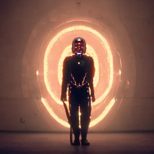 Image similar to movie still of a man with a cyborg helmet with a glowing third eye, cinematic composition, cinematic light, by edgar wright and david lynch