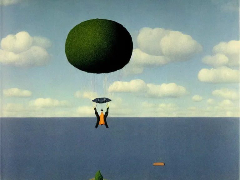 Prompt: Man parachuting onto a small island in the middle of a big lake painting by rene magritte, high detail, high resolution