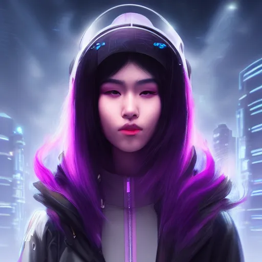 Prompt: Close up portrait of a young Asian Cyberpunk woman with dark purple hair, she's wearing a purple visor, hyperdetailed, artstation, cgsociety, 8k