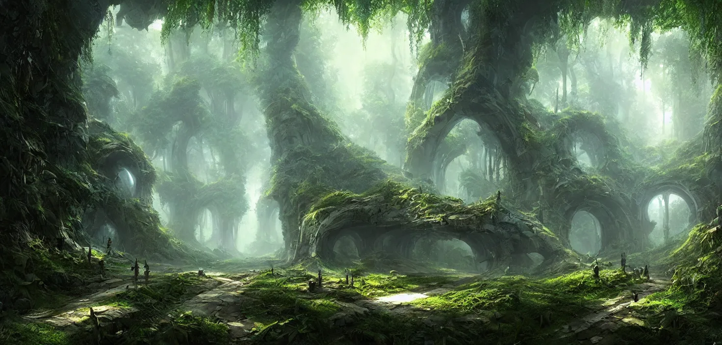 Image similar to tunnel in the middle of a forest, a matte painting by stephan martiniere, featured on cgsociety, fantasy art, matte painting, unreal engine 5, tesseract
