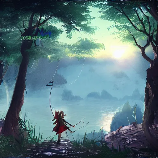 Prompt: ffxiv's y'shtola fishing in the forest at dawn, illustration, trending on art station