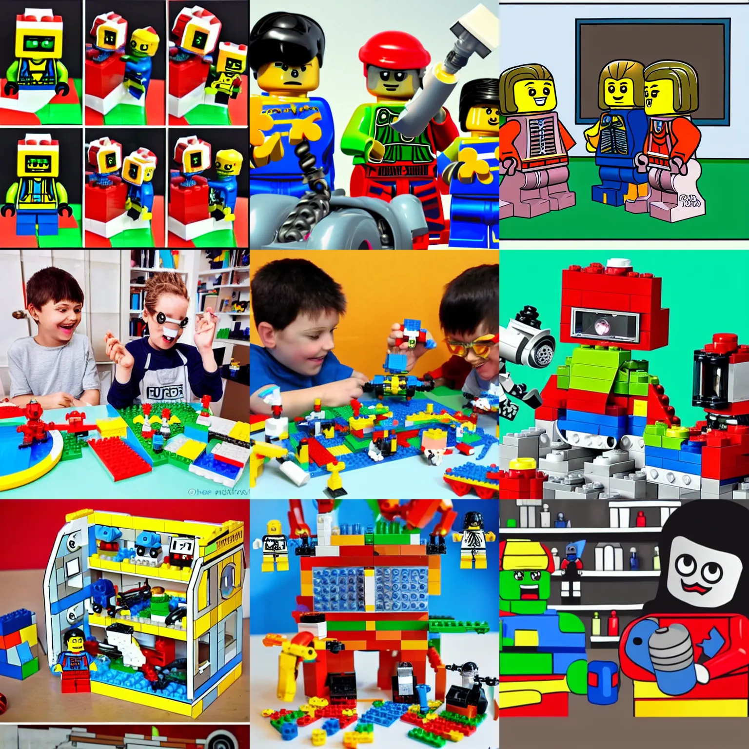 Prompt: children building lego robots, cute and funny cartoon