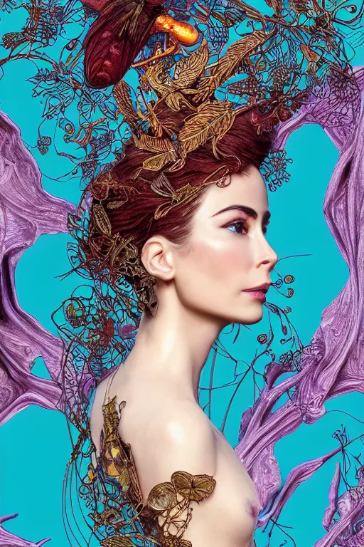 Prompt: cinema 4d colorful render, organic, dark scene, ultra detailed, of a porcelain beautiful Lena Meyer-Landruth face. biomechanical, analog, macro lens, hard light, big leaves and large orange Dragonflies, stems, roots, fine foliage lace, turquoise gold pastel details, high fashion haute couture, art nouveau fashion embroidered, intricate details, mesh wire, mandelbrot fractal, anatomical, facial muscles, cable wires, elegant, hyper realistic, in front of dark flower pattern wallpaper, ultra detailed