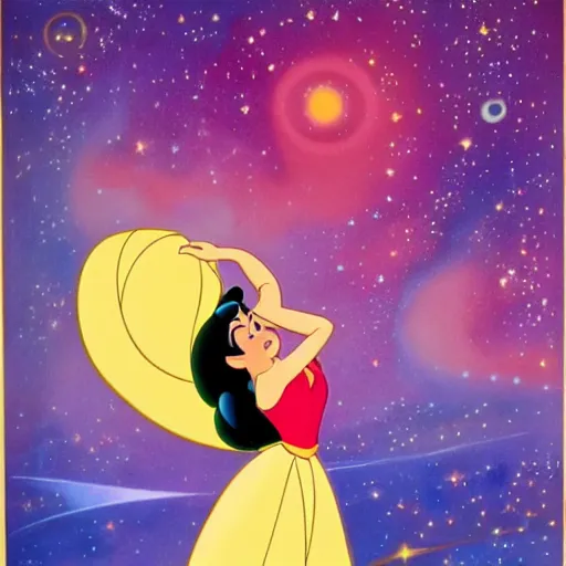 Prompt: disney film cel ( 1 9 5 9 ), hispanic princess looking up dreamily at the stars, glen keane, colorful