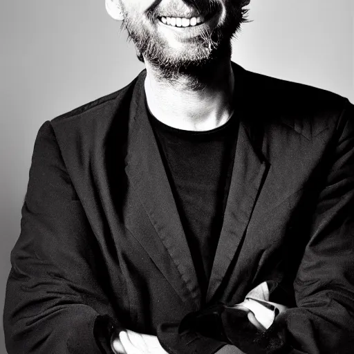 Image similar to Smiling Thom Yorke, with a beard and a black jacket, a portrait by John E. Berninger, dribble, neo-expressionism, uhd image, studio portrait, 1990s