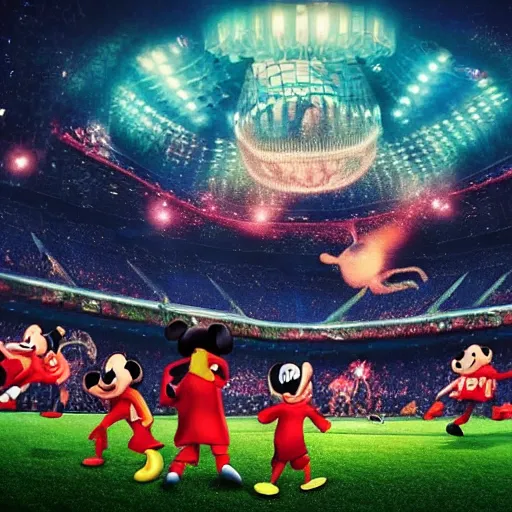 Image similar to champions league final in a soccer field in hell, monsters in the crowd, disney style, colorful, fantasy, cinematic, 4 k