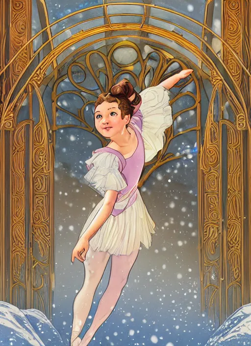 Image similar to well - lit art nouveau portrait of a 1 3 - year old ballet girl dancing in the snow, natural lighting, path traced, highly detailed, high quality, cartoon, digital painting, by don bluth and ross tran and studio ghibli