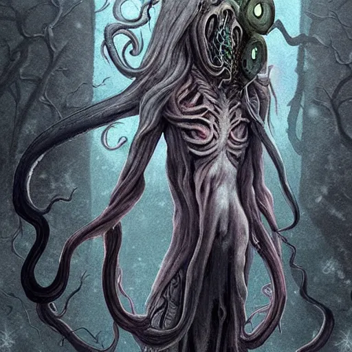 Prompt: one eyed ethereal being with a squid like parasite overtaking its head the character has two long tentacles for arms and skin like snow, this being lives in the snowy wasteland and feeds on lost souls, it is averse to like and hides in the shadows of the trees, it has umbrakinesis and cryokinesis and is being designed for the resident evil game series with inspiration from the silent hill franchise
