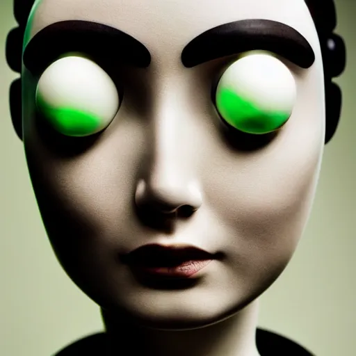 Image similar to minimalist photography portrait of a female porcelain robot, symmetrical, super close up, mid thirties, cute round green slanted eyes, white porcelain skin, wide nostrils, chubby cheeks, high flat eyebrows, black pistons, bjork, ethereal essence, angelic, leica 1 0 0 mm f 0. 8