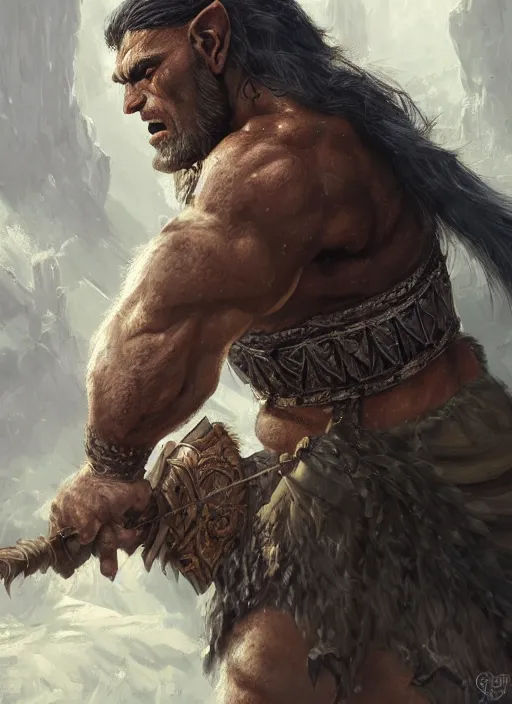 Image similar to realistic portrait painting of a male half - orc fantasy barbarian warrior, old mystic ruins, afternoon, intricate, elegant, highly detailed, digital painting, sharp, focus, by artgerm and greg rutkowski