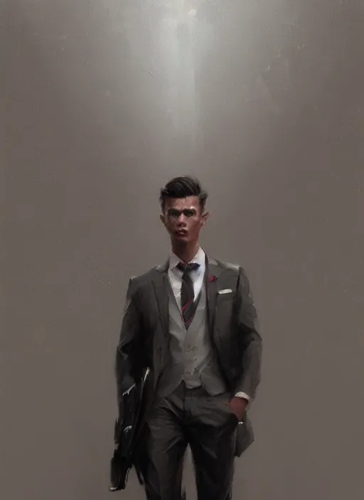 Image similar to a young male, wearing suit, by greg rutkowski, trending on artstation, masterpiece