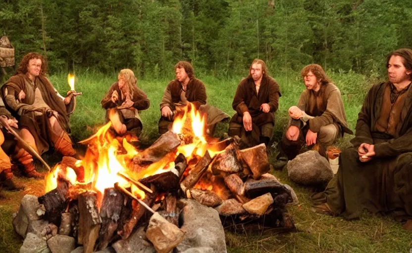 Image similar to the fellowship of the ring making s'mores around a campfire