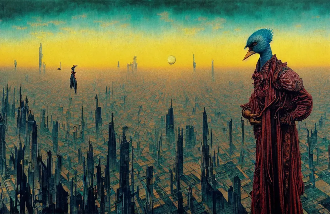 Image similar to realistic detailed portrait movie shot of a birdman wearing dark ragged robes, futuristic city sunset landscape background by denis villeneuve, amano, yves tanguy, alphonse mucha, ernst haeckel, max ernst, wayne barlowe, masterpiece, rich moody colours, bird head, blue eyes, hyperdetailed