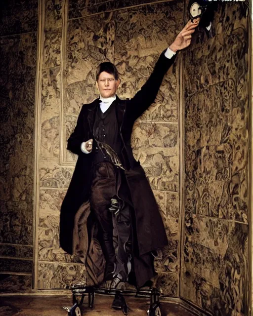 Image similar to Crispin Glover in a Victorian style steampunk dress designed by Sandy Powell in a fashion editorial shot by Annie Leibovitz,surrealism