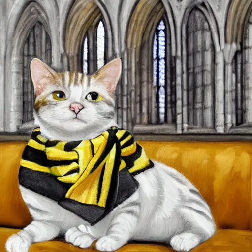 Image similar to oil painting extreme wide shot of a white and grey tabby cat wearing a black yellow striped hufflepuff scarf, in the gloucester cathedral cloisters, digital painting, high detail, award - winning, playful