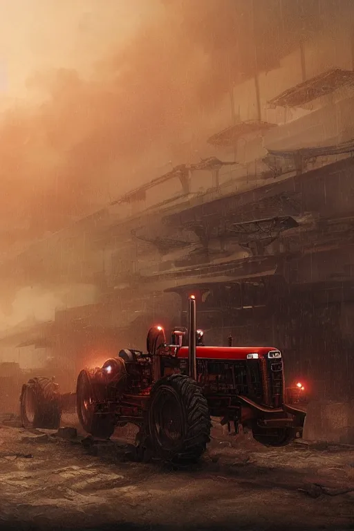 Image similar to a highly detailed beautifuly rendered, tractor that pulls a tank, thick dust and red tones, bladerunner, cyberpunk, lost city, hyper - realistic environment, epic concept art