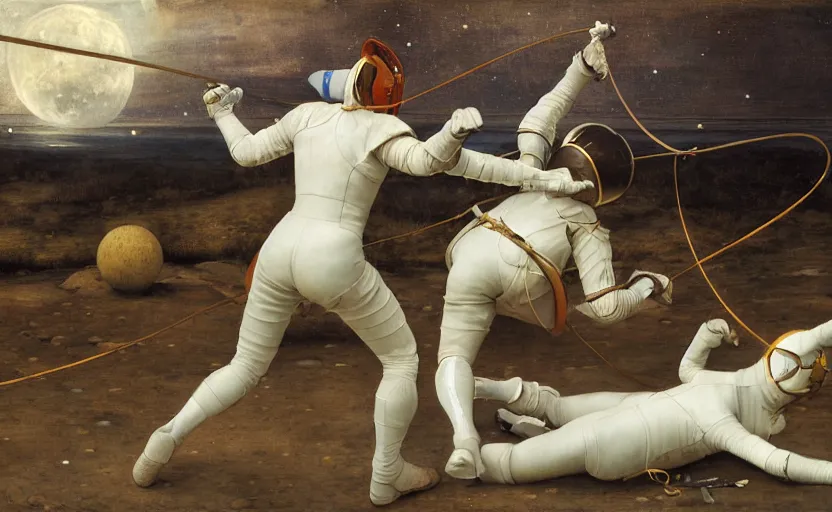 Image similar to a fencing match on the moon by edgar maxence and caravaggio and michael whelan and delacroix style, artistic, intricate painting, cinematic lighting, hyper realistic, extremely detailed, establishing shot, 8 k resolution, dramatic lighting