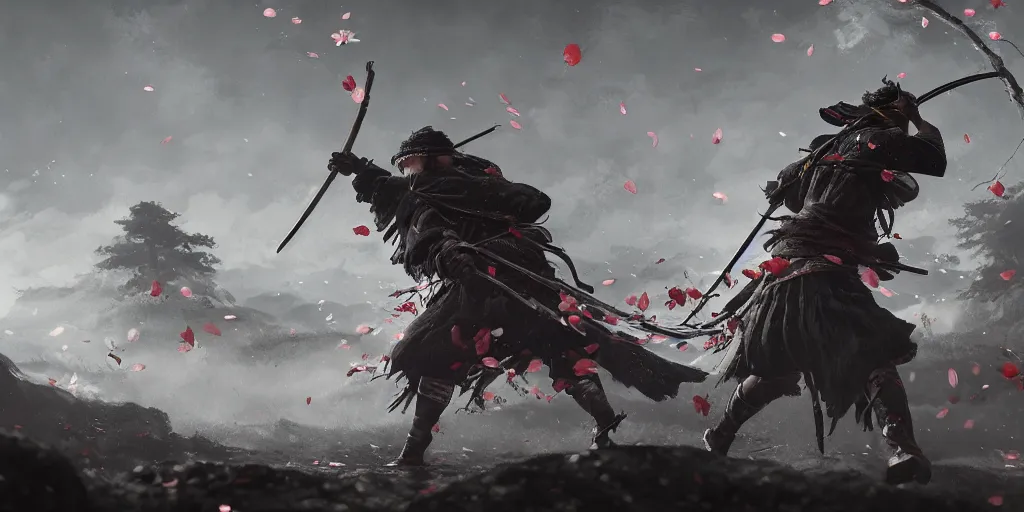 Image similar to an environmental concept art of ghost of tsushima, samurai duel, sakura petals blowing in the wind, highly detailed, environmental light, cinematic by francis tneh