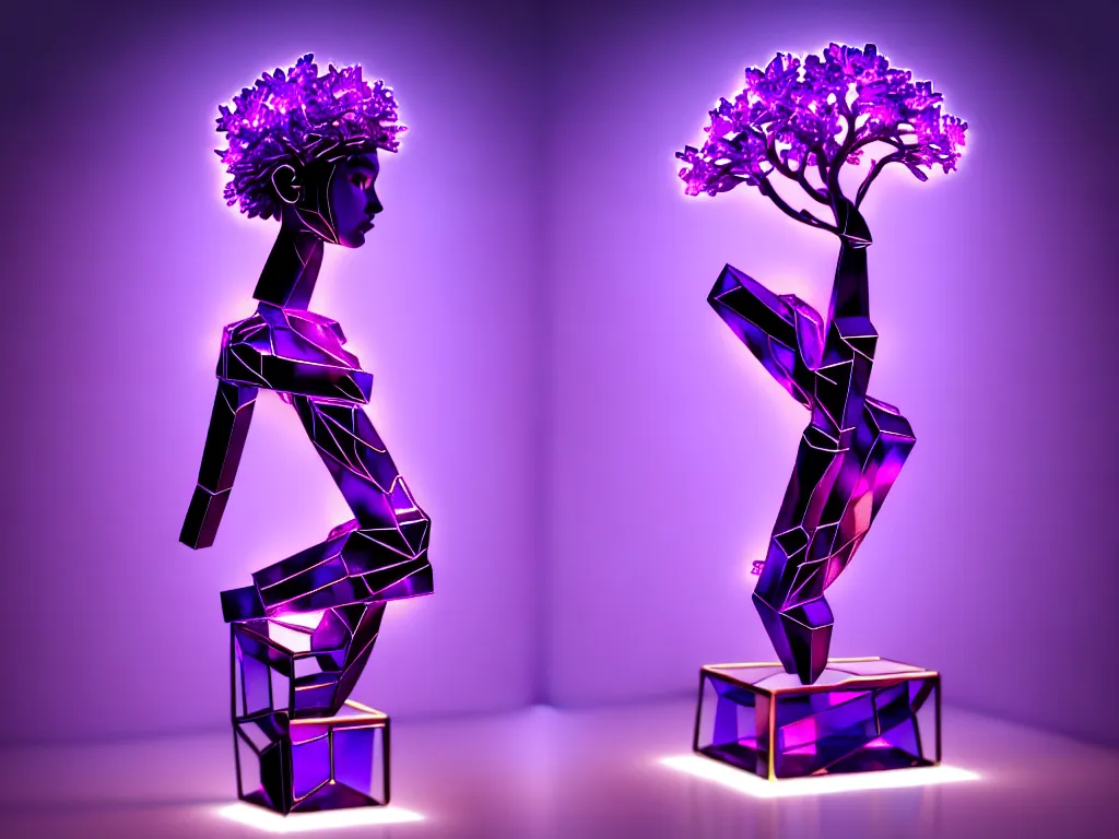 Image similar to beautiful mannequin sculpted out of amethyst by billelis + lit with purple 3 d geometric neon + chrome geometric cubed bonsai plants!!!!, doorway opening with neon pink geometric light, clean linework, dramatic, finely detailed, rule of thirds, moody, confident, award winning, 4 k, trending on artstation, photorealistic, volumetric lighting, octane render