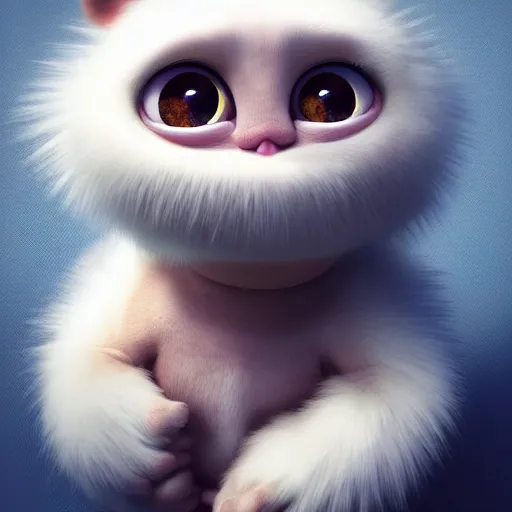 Image similar to a cute little baby monster with long fur, portrait, pixar style, extremely realistic photo, heaven background, cinematic lighting, award winning creature portrait photography