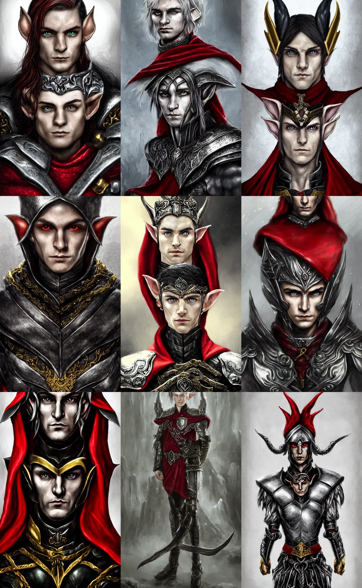 Prompt: A portrait of an elf, he is about 20 years old, short silver hair, red eyes, lean but muscular, attractive, military composure, royalty, smug look, he is wearing a black metal tiara, black heavy armor with gold plating, and a red cape | highly detailed portrait, digital painting, concept art, illustration, smooth, sharp focus, ArtStation, ArtStation HQ