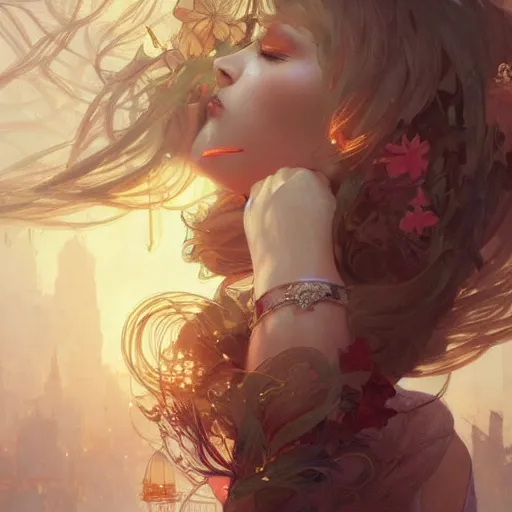 Image similar to I woke up in a world that had fragments of you. intricate, elegant, sharp focus, illustration, highly detailed, digital painting, concept art, matte, art by WLOP and Artgerm and Greg Rutkowski and Alphonse Mucha, masterpiece