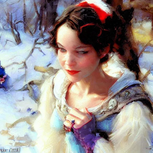 Image similar to close up of snow white and the 7 dwarfs, cinematographic shot, by daniel f. gerhartz