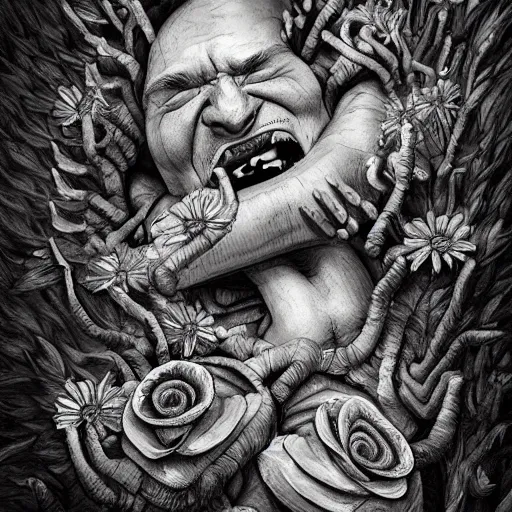 Prompt: surrealism grunge cartoon sketch of a human centipede with a wide smile holding flowers by - michael karcz, loony toons style, horror theme, detailed, elegant, intricate