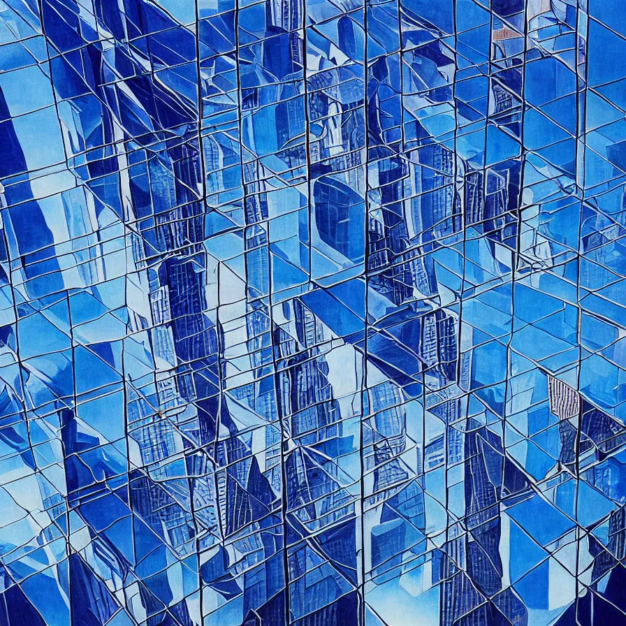 Prompt: surrealist artwork : downward view of a man free falling into a skyscrapper city made of mirrors. blue indigo colour scheme