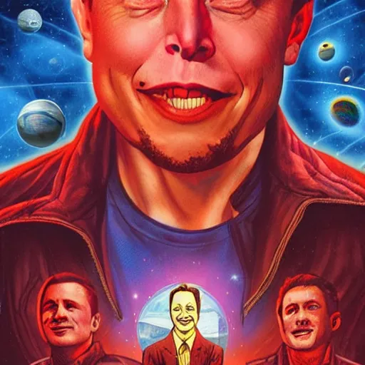 Image similar to movie poster of elon musk as a villain who looks at the planet mars with a macabre smile, his face is illuminated with a red light, drew struzan style