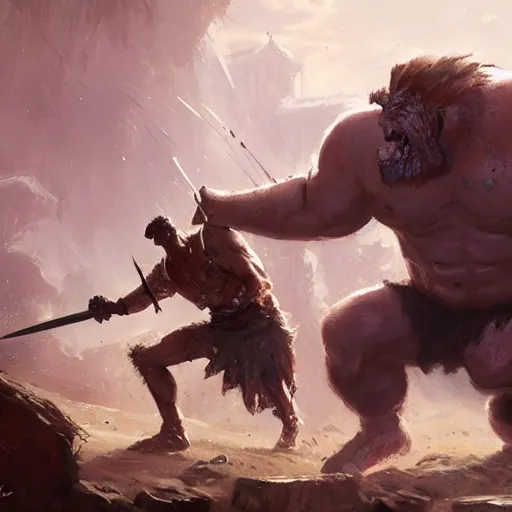 Image similar to a warrior fighting a troll, greg rutkowski