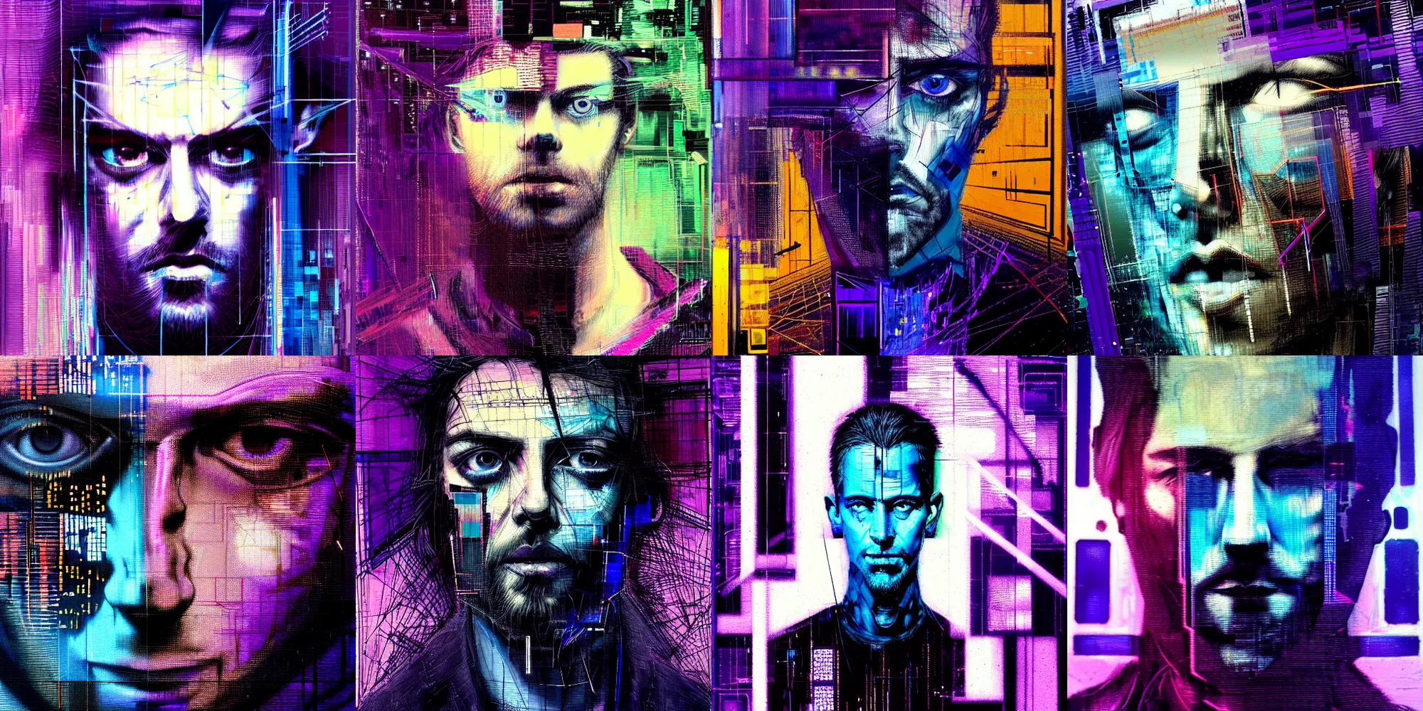 Prompt: hyperrealistic portrait of a cyberpunk character, adult man, long hair, glitch eyes, by Guy Denning, Johannes Itten, Derek Gores, Russ Mills, glitch art, smooth lines, fine detail, polished, complex, hacking effects, holographic, digital tech effects, blue and violet, color blocking!, acrylic on canvas, concept art, abstract!, symmetrical, 8k, concept art, octane, photorealistic, cgsociety, trending on artstation