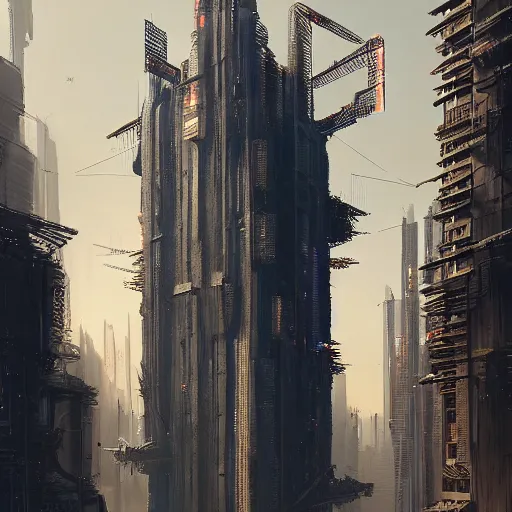 Prompt: A professional digital painting of monumental vertical building with spikes, by Greg Rutkowski and James Gurney, trending on Artstation, deviantart, sci-fi, cyberpunk, futuristic, ultra detail, octane render