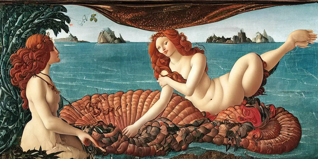 Image similar to an hyperrealistic mythological oil painting of venus with long curly brown hair, full body, wearing floral chiton, sleeping in a giant scallop shell near the seashore, intricate, elegant, renaissance style, by sandro botticelli