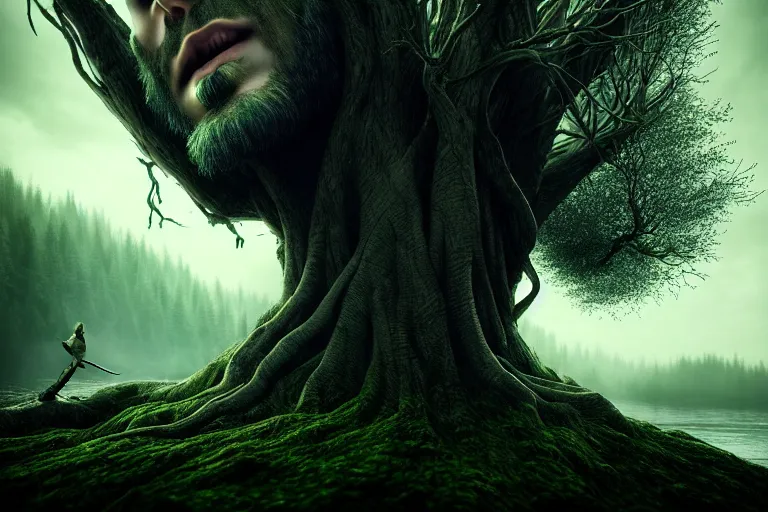 Image similar to an ultra realistic, cinematic headshot portrait, of an evil tree wizard, background of a vast serene landscape, with trees and rivers, detailed, deep focus, movie still, dramatic lighting, ray tracing, by michal karcz and yoshitaka amano