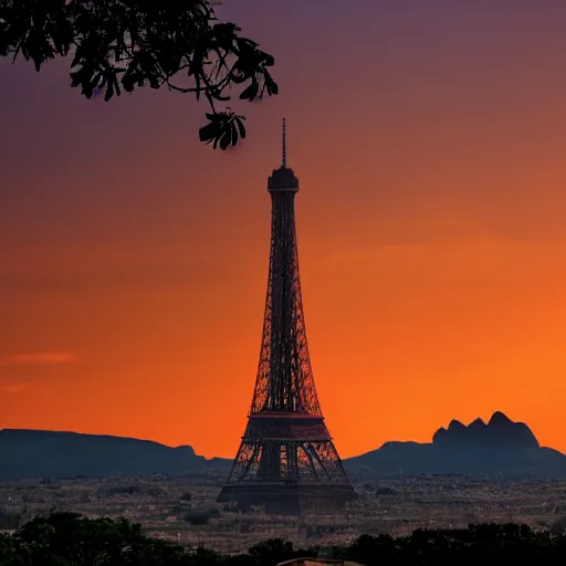 Prompt: baobab tree sunset with mountains and a pink eiffel tower upside down