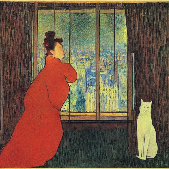 Image similar to sad woman and white cat with city with gothic cathedral and tall trees seen from a window frame with curtains. night with glowing stars with fireflies. mikalojus konstantinas ciurlionis, henri de toulouse - lautrec, utamaro, matisse, monet