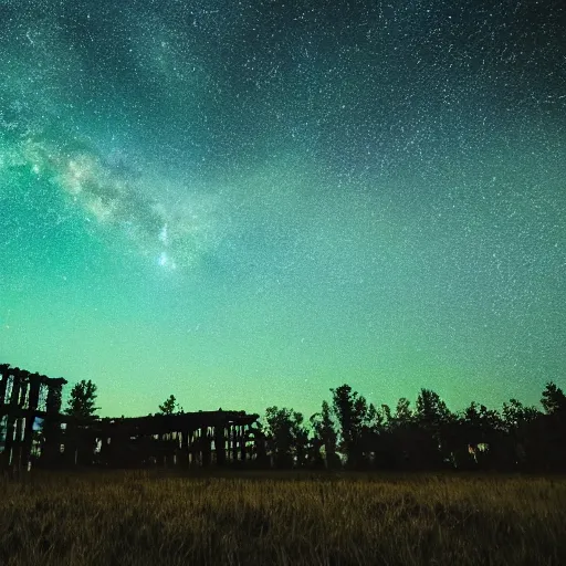 Image similar to An emerald green meadow filled with ancient structures with a cosmic sky full of stars and swirling lights