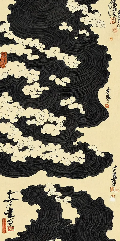 Prompt: chinese meticulous painting, black ink painting, illustration by katsushika hokusai, japanese ukiyo - e