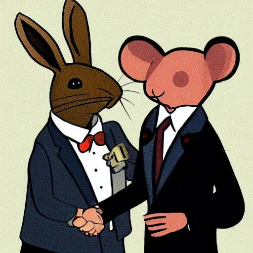 Image similar to a mouse in a suit shaking hands with a rabbit in a suit. Cartoon