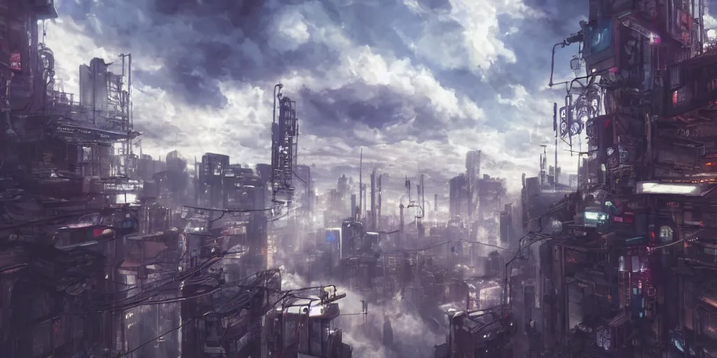 Prompt: wide shot, photorealistic art of lain irakuwa in the clouds above a cyberpunk, punk and steampunk city concept, dynamic lighting, hyper realistic, cinematic, realism