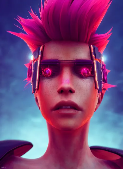 Image similar to Cyberpunk warrior with flaming hair, light atmosphere, neon, cinematic shot, intricate, ornate, photorealistic, ultra detailed, realistic, 100mm, photography, octane, high definition, depth of field, bokeh, 8k, artstation