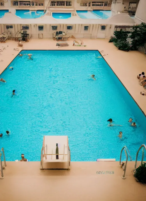 Image similar to photograph of a swimming pool in the style of wes anderson, 5 0 mm, pentax, film