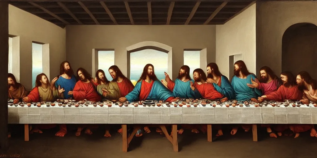 Image similar to the last supper by wlop, only women sitting by the table