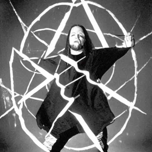 Prompt: a nu-metal musician using a pentagram to conjure a demon. Horror film production photo from the 2000’s.