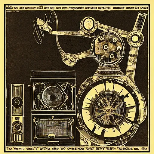 Prompt: “Old steampunk gramophone with antique loudspeakers and lots of wires. Dark, intricate, highly detailed, smooth, 19th century poster in style of Geiger”