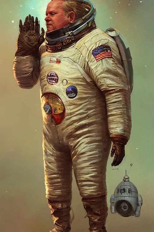 Image similar to upper body portrait of an obese kiefer sutherland wearing old tattered leather spacesuit, spaceship and nebula in the background, illustration by normal rockwell and mandy jurgens, influenced by john berkey and greg rutkowski, artstation character concept