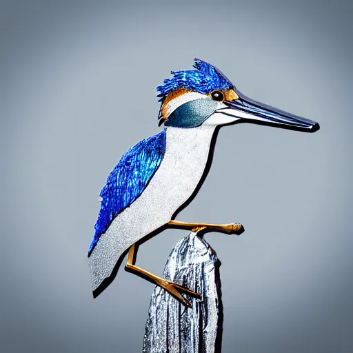 Image similar to wall art of a real life kingfisher made out of reflective crystal and very reflective polished metal, in the background is a forest, product photography