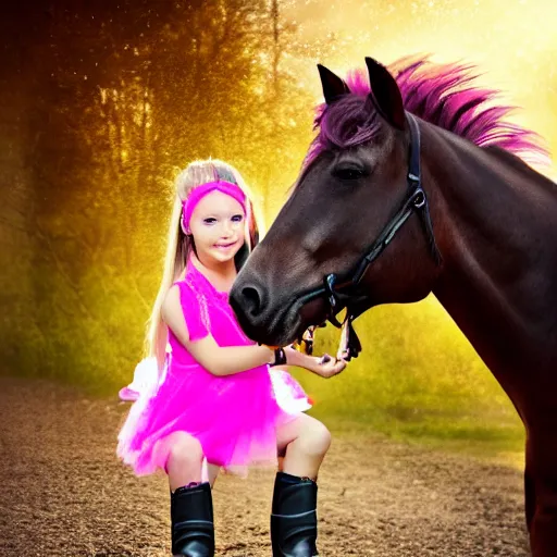 Image similar to young girl with rider boots, next to her is a pink pony, photo taken by nikon, sharp focus, highly detailed, studio lightning, 4 k