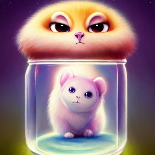 Image similar to cutie fluffy creature with big eyes in a jar, digital art, 3 d, octave render, masterpiece, mega detailed, pixar, disney, vivid illustration, cartoon, fantasy, by george stubbs, artgerm, in the style of ghibli kazuo oga, pastel fur